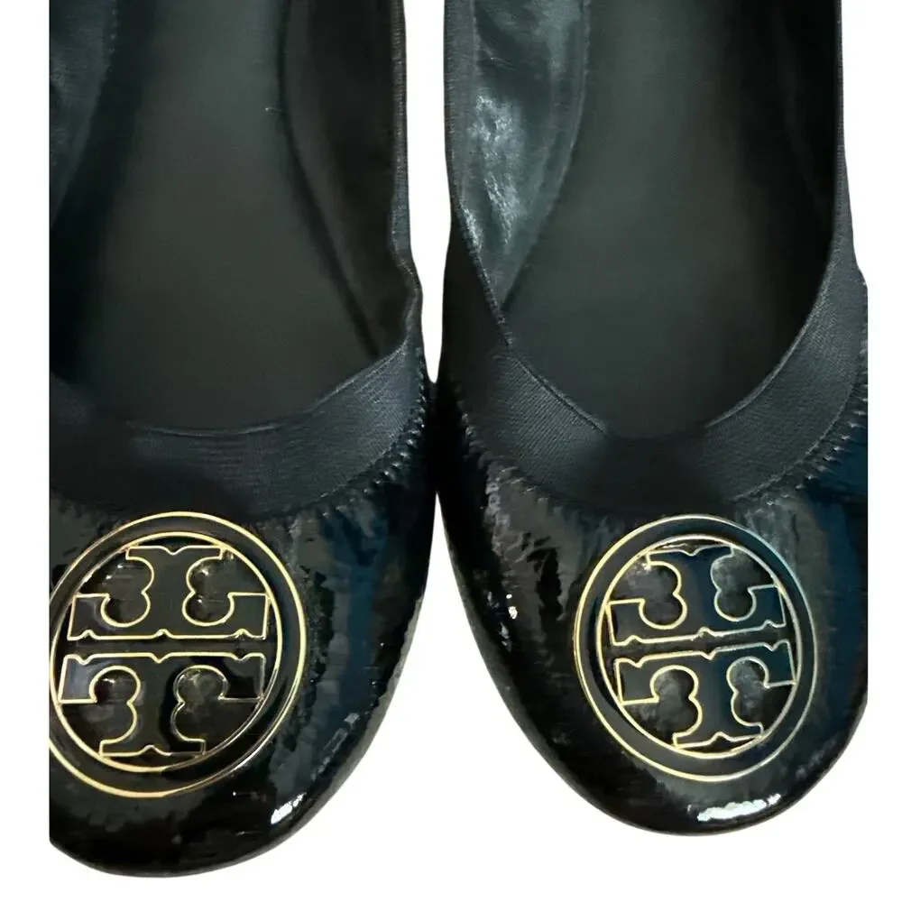 Tory Burch Caroline Ballet Flats Naplak Elastic Black Patent Leather Size 8